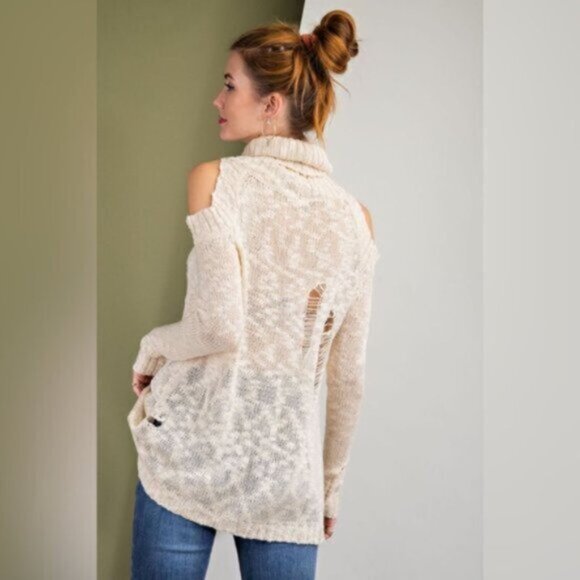 Easel | Bethany Distressed Destructed Cold Shoulder Sweater Tunic Cream Medium - Picture 10 of 14